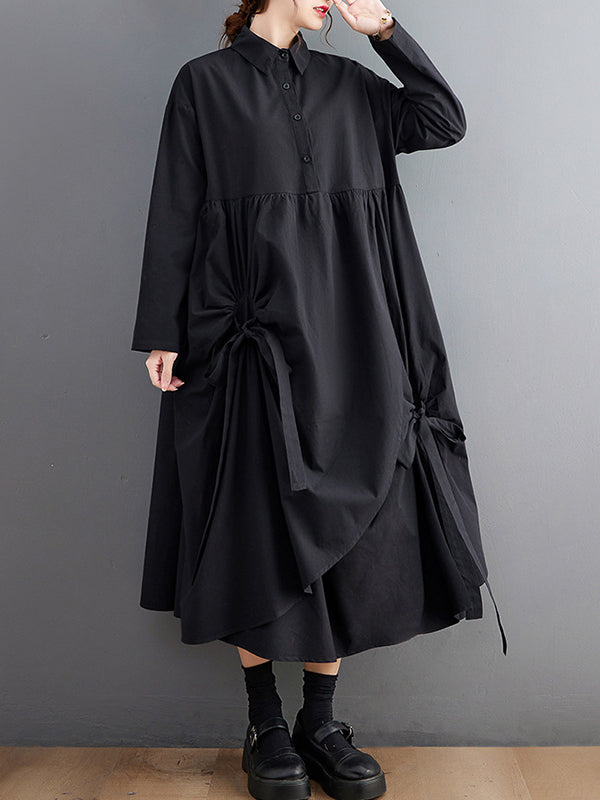 Robe chemise noire élégante à revers boutonnée avec cordon de serrage et poches plissées nouées et manches WS004 