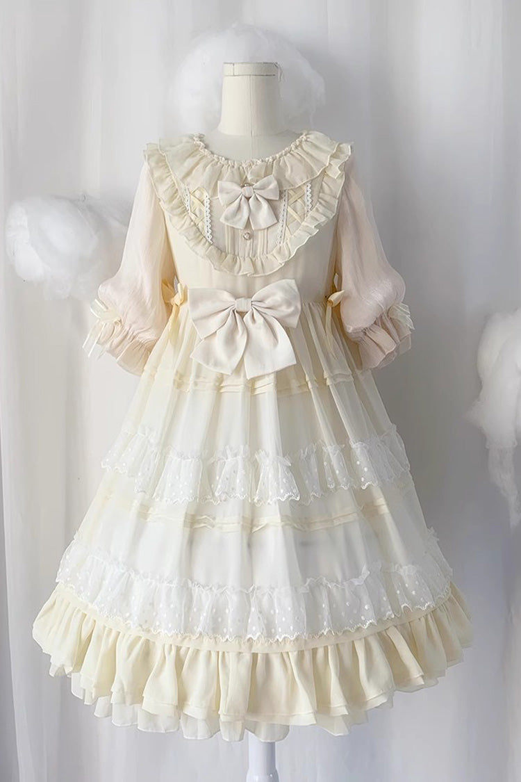 Cool Angel Sweet Lolita Dress with Bowknot, Ruffles & Short Lace Sleeves, Cream