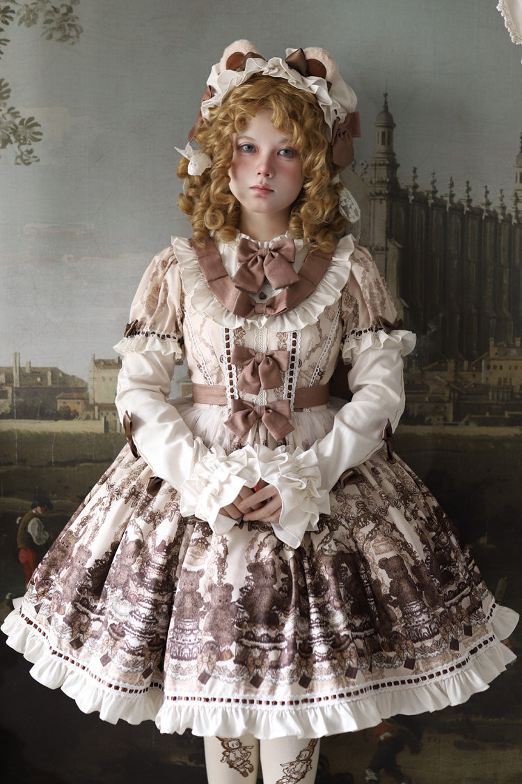 Teddy Bear Party Round Collar Printed Sweet Lolita Dress - Ruffled Bow
