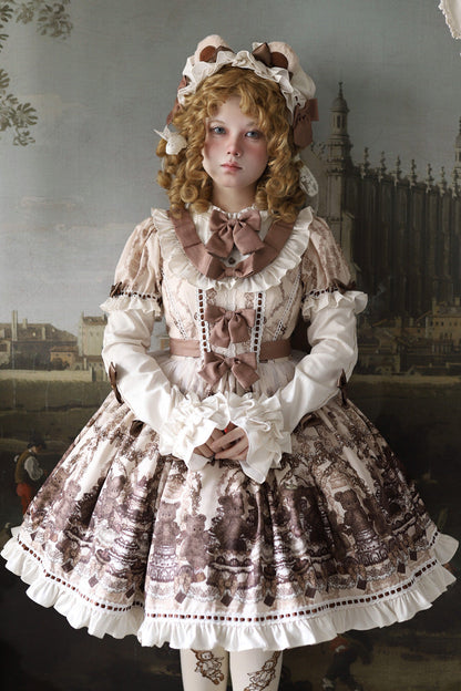 Teddy Bear Party Round Collar Printed Sweet Lolita Dress - Ruffled Bow