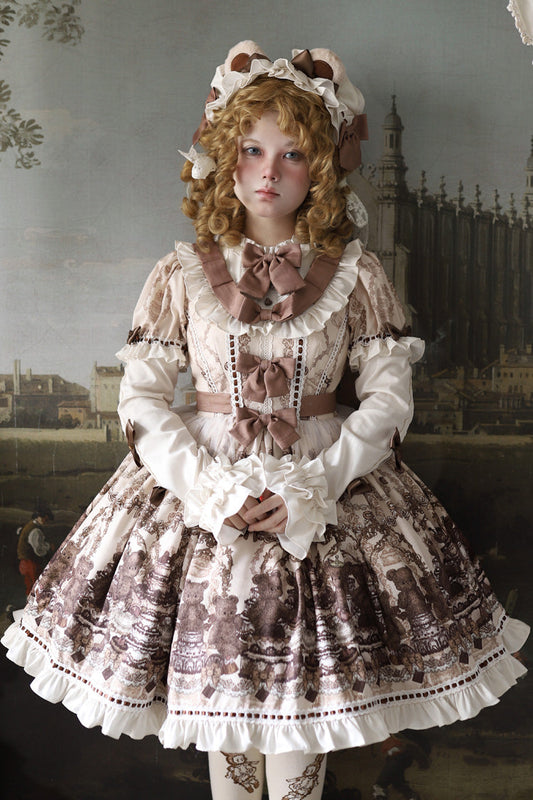 Teddy Bear Party Round Collar Printed Sweet Lolita Dress - Ruffled Bow