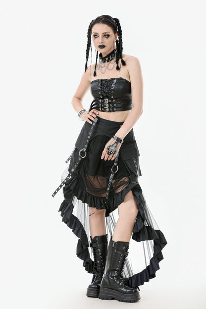 Women's Punk Skirt with Eyelet Straps, Ruffled Sheer Mesh and High-Low Layers