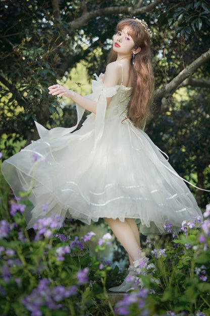 Sweet Lolita JSK Gown with High Waist, Bow Accents & Chiffon Long Cut