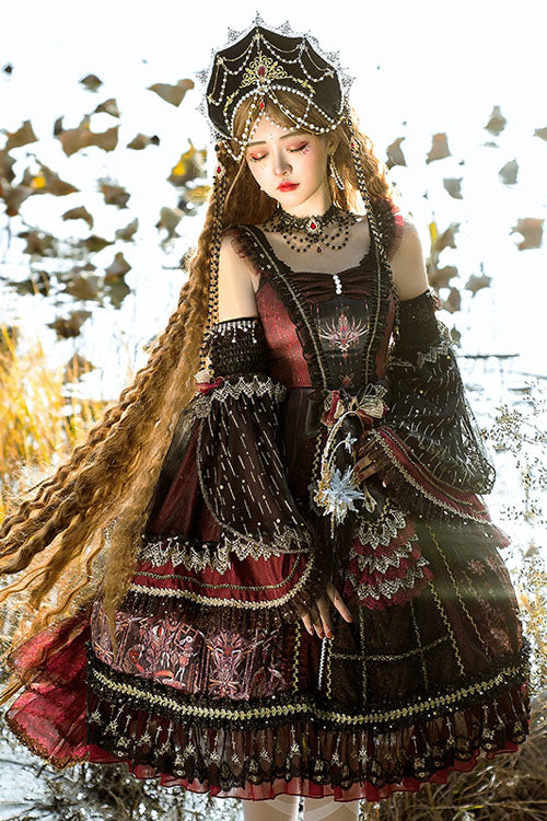 Classic Lolita JSK Dress with Heart Bowknot and Multi-Layer Ruffles in Wine - VintageBride