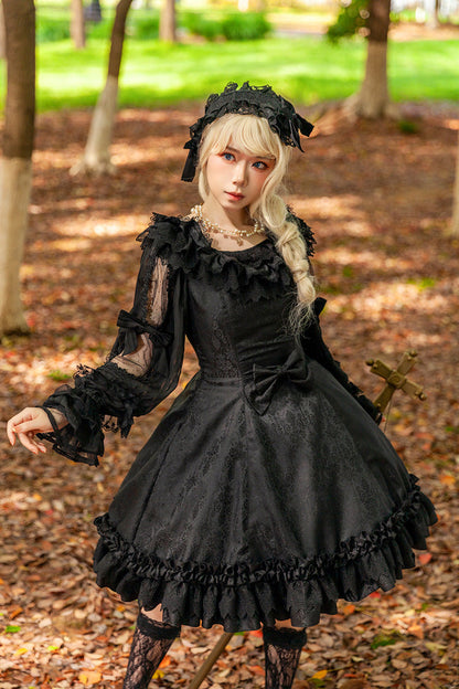 Gothic JSK Dress with Floral Print, Round Collar, and Ruffled Bow in Black