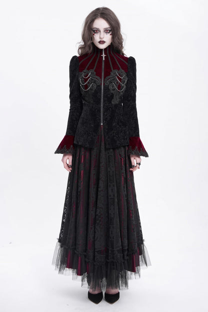 Crimson & Obsidian Stand Collar Long Trumpet Sleeves Embroidery Gothic Jacket