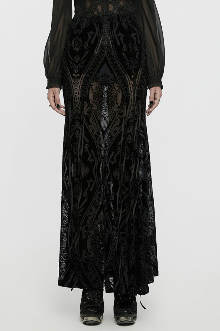 Sheer Mesh Lace-Up Embroidered Gothic Skirt for Women in Black