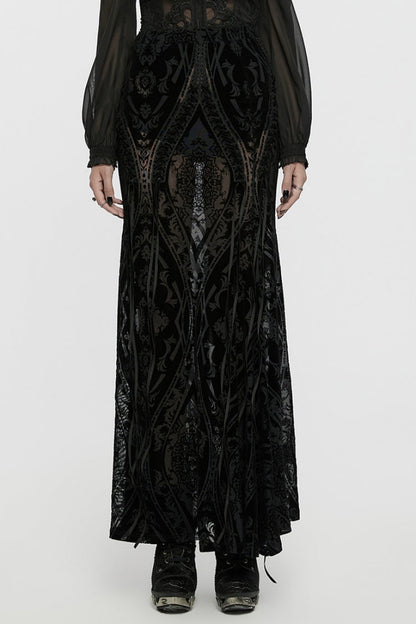 Sheer Mesh Lace-Up Embroidered Gothic Skirt for Women in Black
