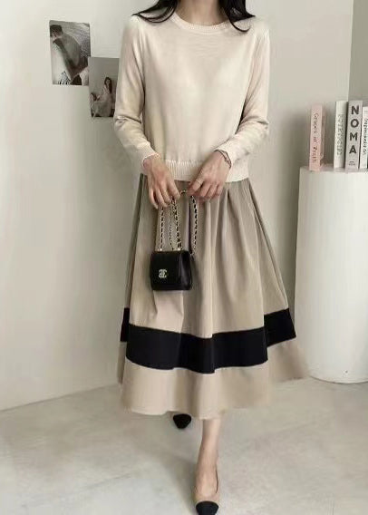 Large Fake Knit Patchwork Two Exra Piece Hem Dresses Black Fitted