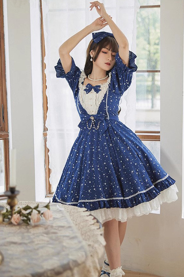Midsummer Galaxy Star Print Short Sleeve Ruffled Bow Lolita OP Gown