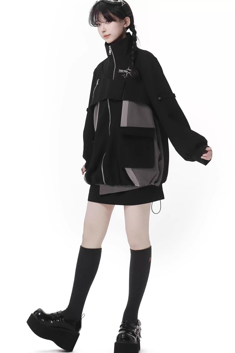 Ebony Techwear Paneled Zip Skirt & Jacket Set - Holographic Cruise