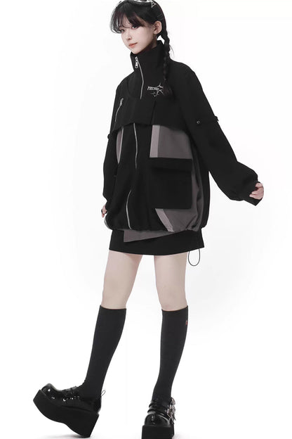 Ebony Techwear Paneled Zip Skirt & Jacket Set - Holographic Cruise