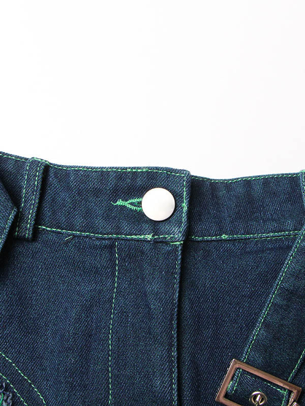 Denim Shiny Waisted Skirt A-Line Green Belted Chic High Tulle