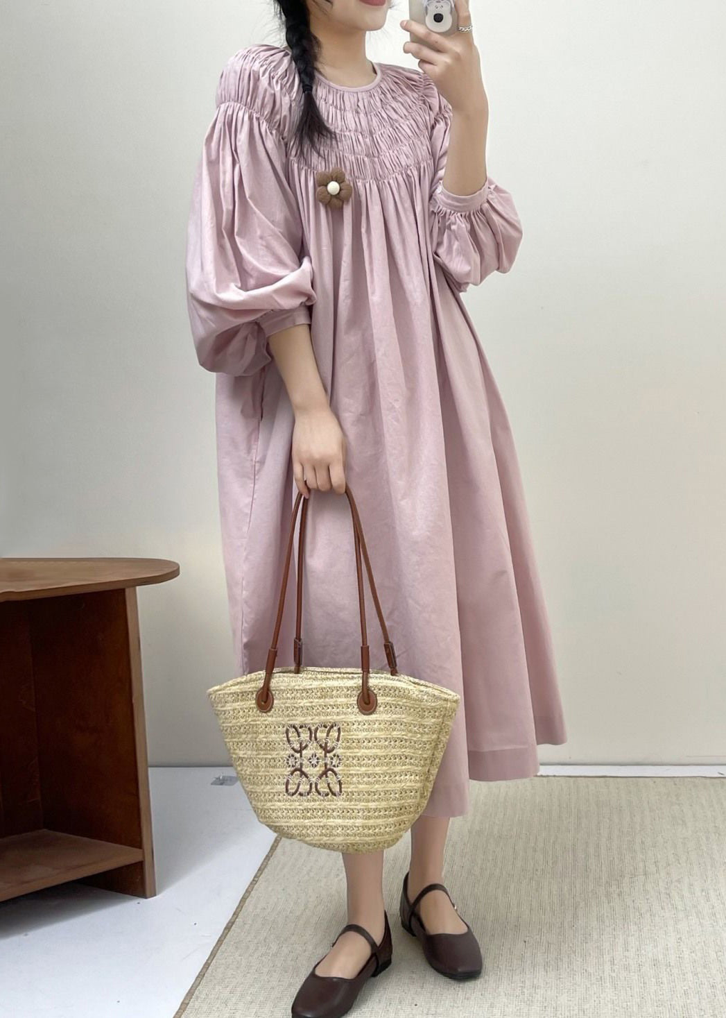 Loose Pink Wrinkled Pockets Cotton Dress Spring NN034