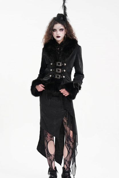 Women's Gothic Jacket with Faux Fur Trim, Chain and Buckle-Up Design