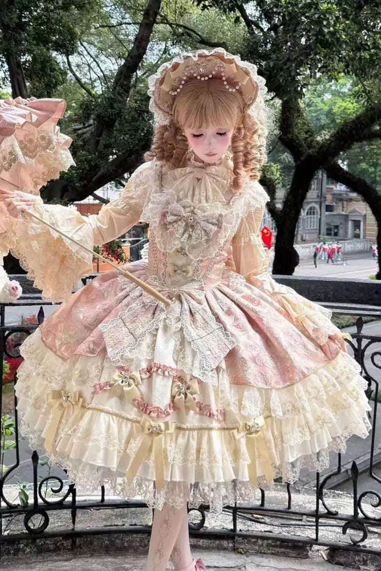 Blush Square Neck Sleeveless Printed Embroidered Ruffle Bow Gorgeous JSK - Gilded Waltz