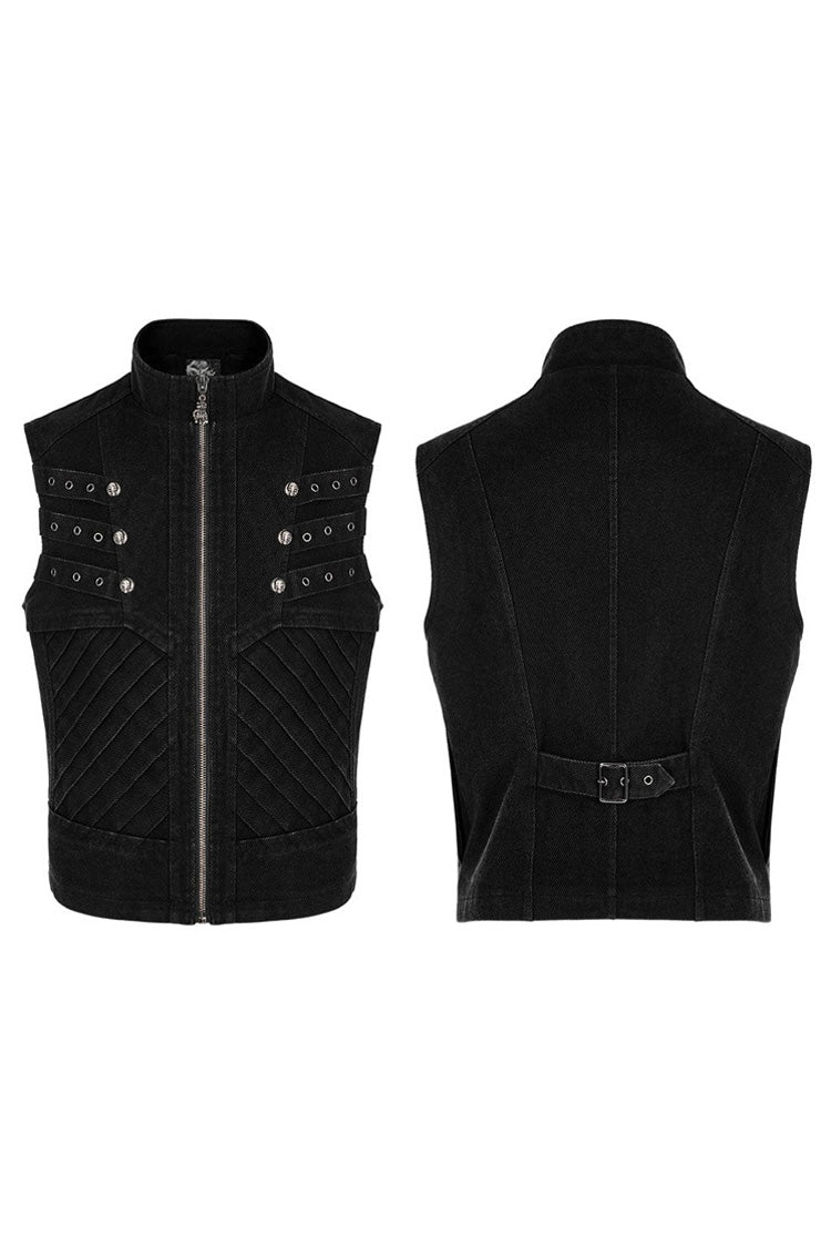 Apocalyptic Skull-Zip Twill Vest with Stand Collar