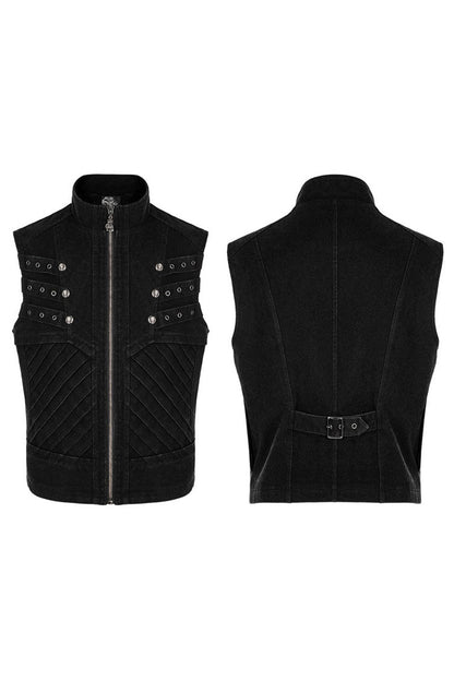 Apocalyptic Skull-Zip Twill Vest with Stand Collar