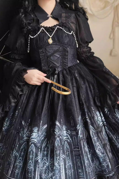 Nocturnal Church Print Ruffle JSK Gothic Dress