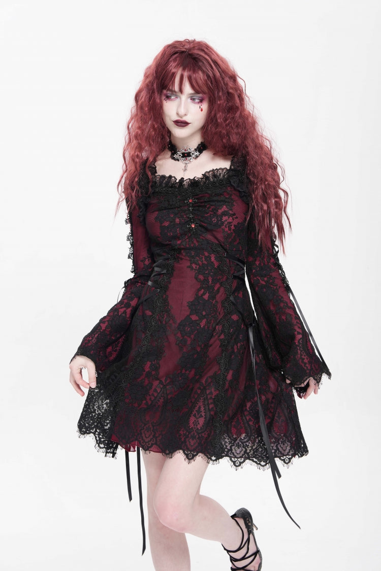 Crimson Square-Neck Gothic Dress with Floral Embroidery and Lace-Up
