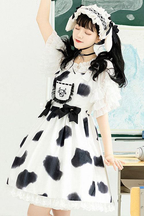 Ivory Cow Pattern Bow Ruffled Sweet Lolita JSK