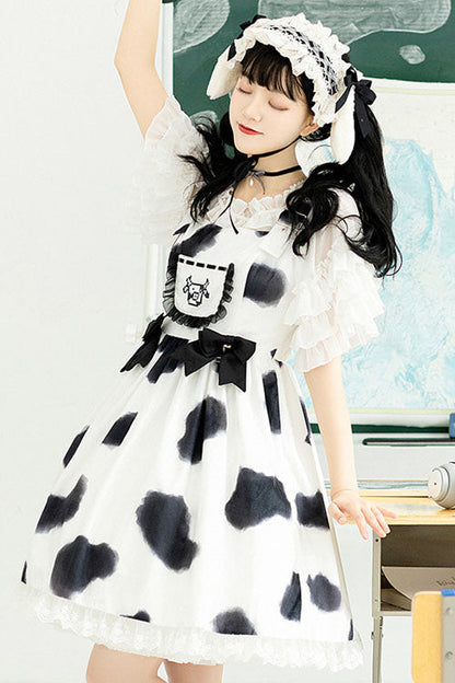 Ivory Cow Pattern Bow Ruffled Sweet Lolita JSK