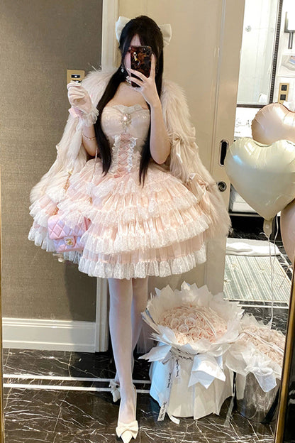 Blush Off-Shoulder Sleeveless Layered Ruffle Bow Lace-Up Princess Gown - Heartbeat at First Sight