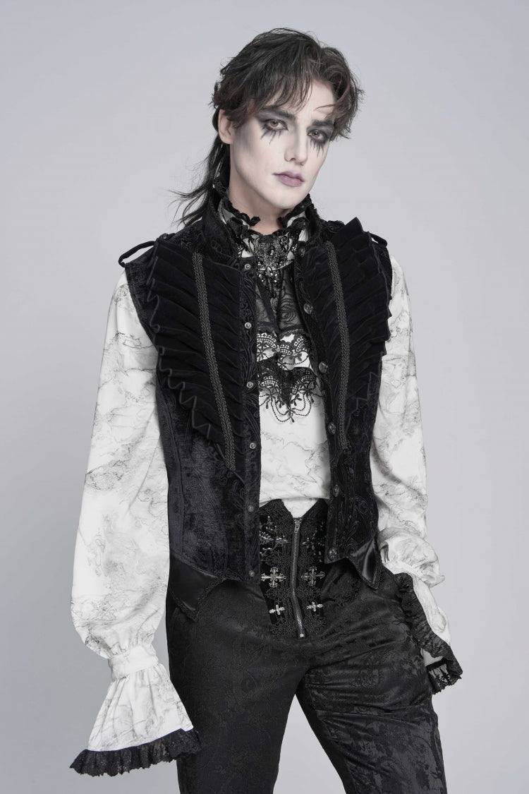 Men's Black Gothic Vest, Jacquard with Embroidery, Buckles and Pleats