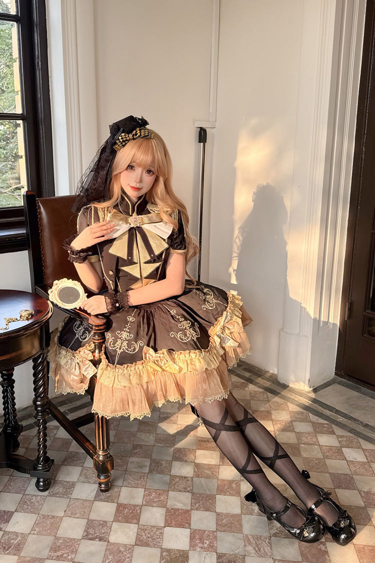 Ebony Short-Sleeve Double-Layered Embroidered Bow Gothic Dress - Gilded Oath