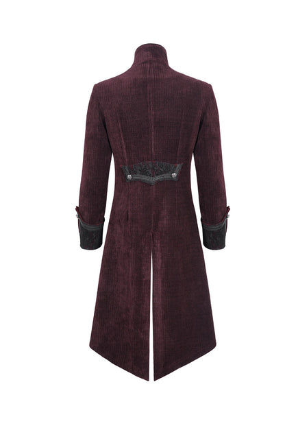 Crimson High-Neck Slim-Fit Gothic Coat with Embroidered Long Sleeves