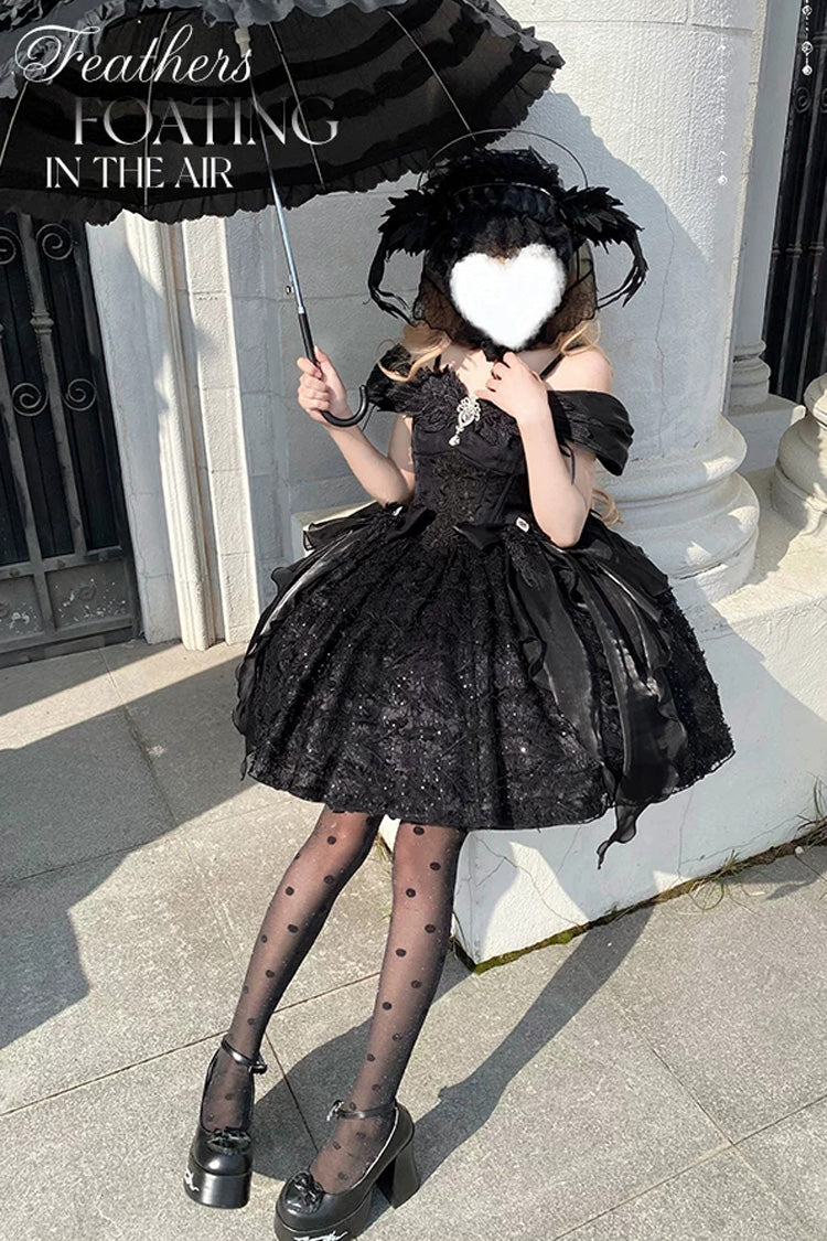 Embroidered Gothic JSK Dress with Square Collar and Flutter Sleeves in Black