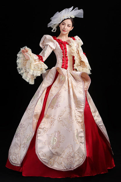 High-Waisted Victorian Prom Dress with Trumpet Sleeves and Floral Embroidery in Wine/Gold - CourtlyElegance