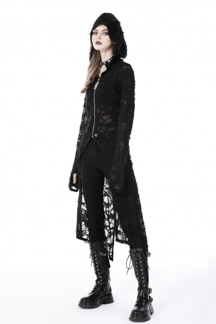 Ebony Long-Sleeve Ripped Zip Punk Long Hooded Coat
