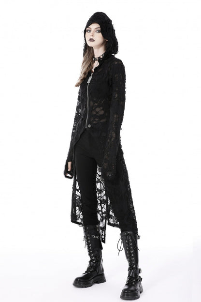 Ebony Long-Sleeve Ripped Zip Punk Long Hooded Coat