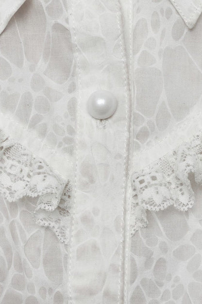 Gothic Lace Blouse with Lapel Collar and Stitched Print, Long Sleeves, Two Variants - DarkRomance