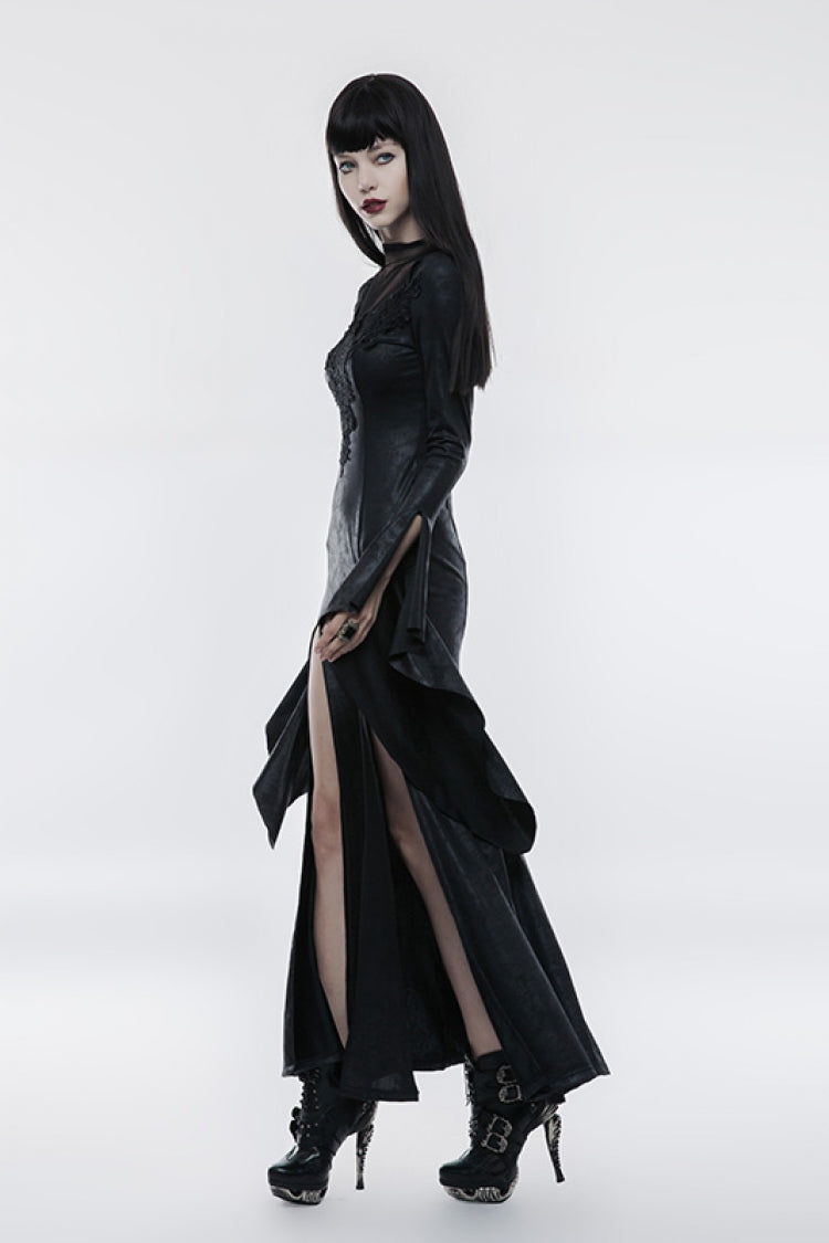 Ebony Flared-Sleeve Embroidered Elegant Cross Gothic Dress