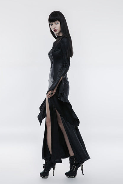 Ebony Flared-Sleeve Embroidered Elegant Cross Gothic Dress