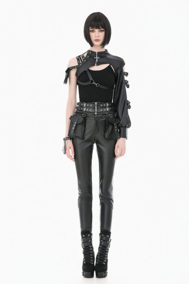 Women's Punk Leather Belt with Eyelet Buckle, Zipper and Side Pouches