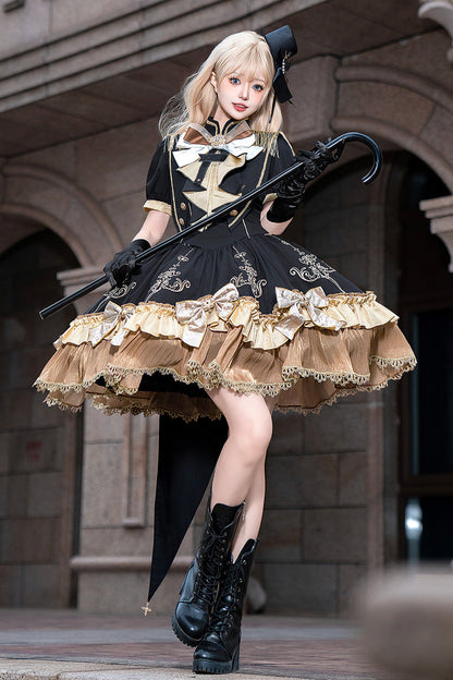 Ebony Short-Sleeve Double-Layered Embroidered Bow Gothic Dress - Gilded Oath