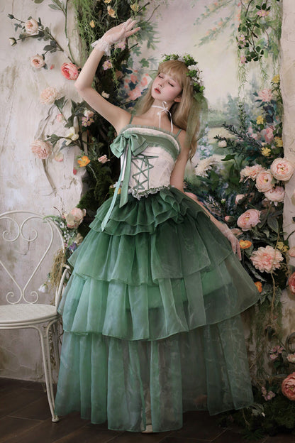 Emerald Snow Lily Valley Sleeveless Triple-Ruffle Bow Lace-Up Skirt Set