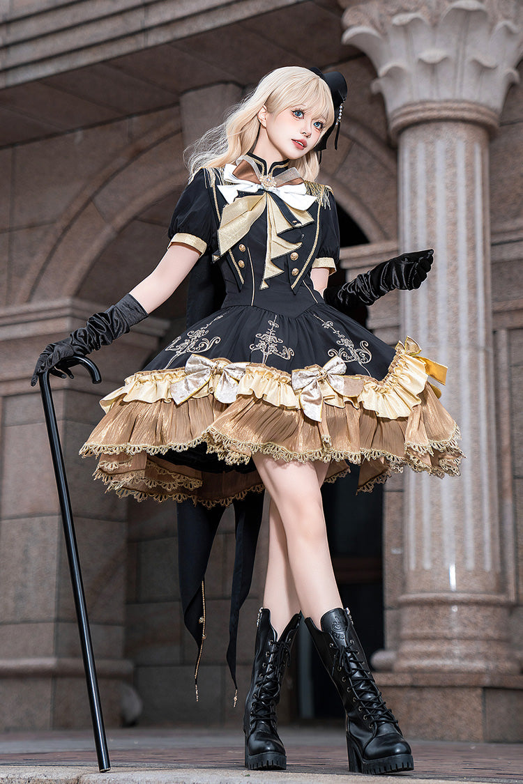 Ebony Short-Sleeve Double-Layered Embroidered Bow Gothic Dress - Gilded Oath