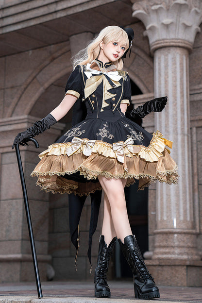 Ebony Short-Sleeve Double-Layered Embroidered Bow Gothic Dress - Gilded Oath
