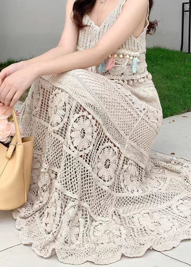 Hollow Loose Skirts Waist Out Apricot Summer Elastic