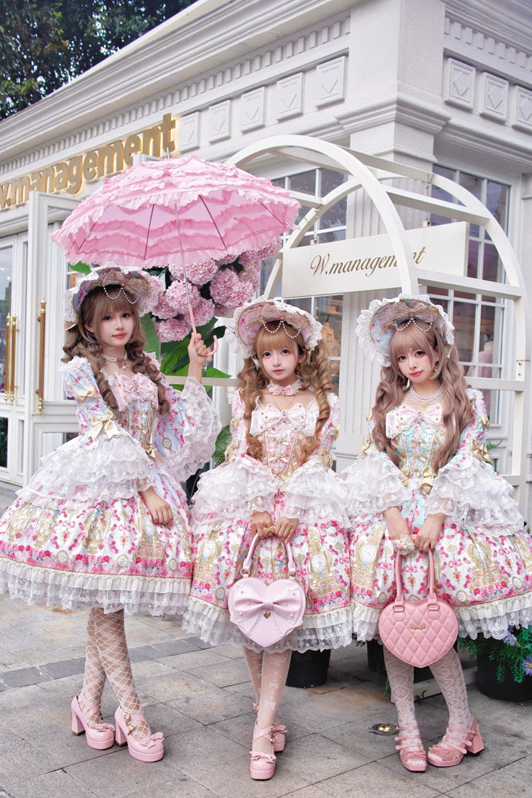 Square Collar Long Trumpet Sleeve Printed Ruffled Bow Lace-Up Sweet Lolita Dress in Mint Green/Pink - Rose Garden Prelude