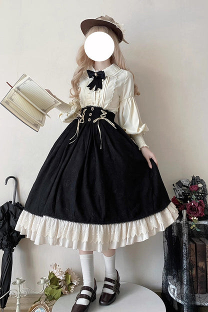 Ebony High-Waist Embroidered Ruffle Lace-Up Palace Skirt - Heart of Rose