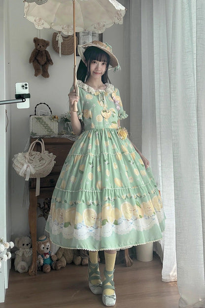 Emerald Lemon Chicken Short-Sleeve Ruffle Bow Daily Sweet Dress