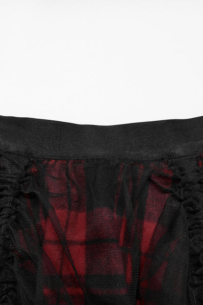 Crimson & Obsidian Ruffle Stitching Mesh Plaid High/Low Gothic Skirt