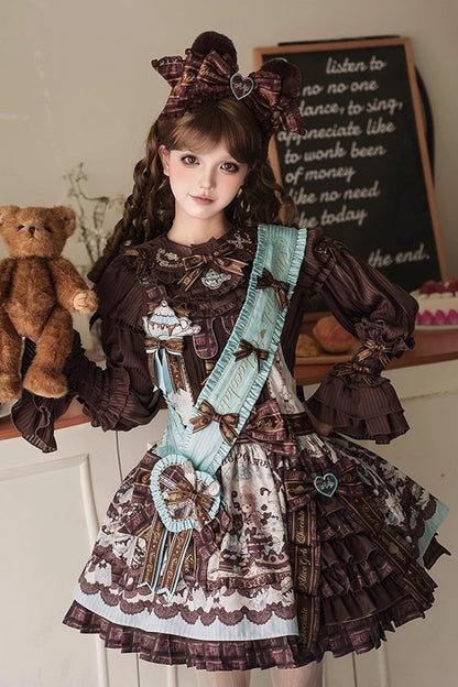 Teddy Bear Chocolate Asymmetric Lolita Strap Dress with Bow - Sleeveless