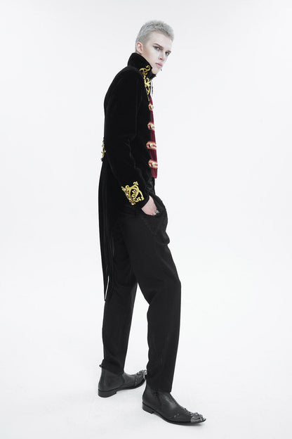Crimson & Charcoal Vintage Emblem Stitched Swallow-Tail Goth Overcoat