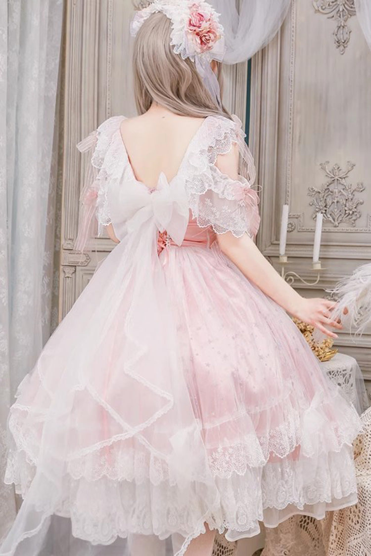 Blush Off-Shoulder Ruffle Hanayome Bow Lace Elegant Dress - Glazed Phantom